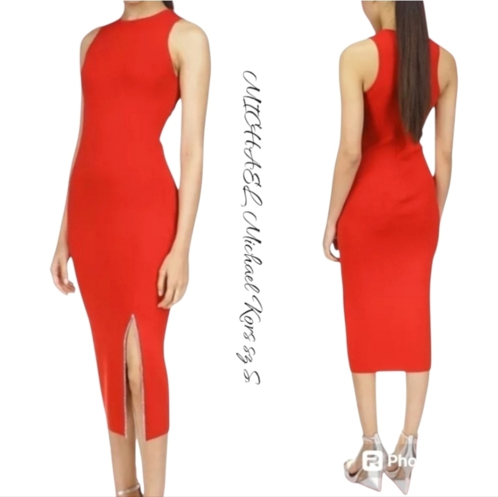 NWOT MICHAEL KORS Red  Rhinestone-Trim Slit Ribbed Knit sz S